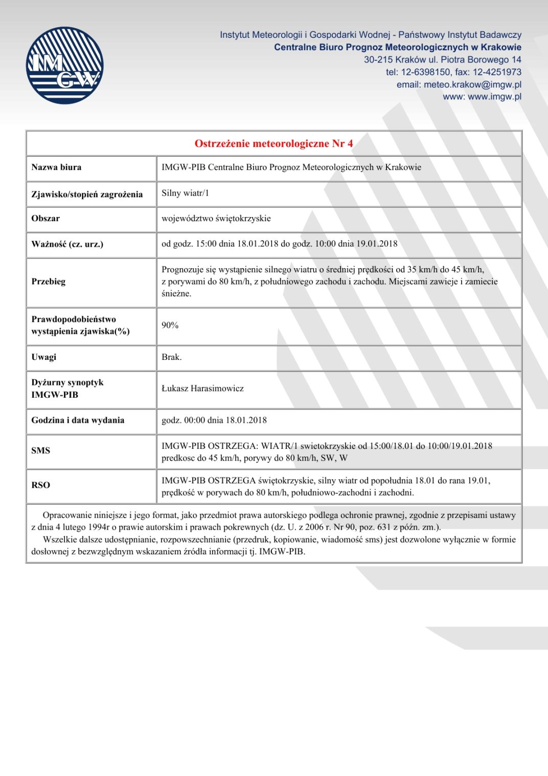 Ostrzeżenie meteorologiczne nr 4 - 2018